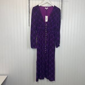NWT Anthropologie Rahi Purple Plaid Trista Dress Size S Pearl Button Plunge Neck